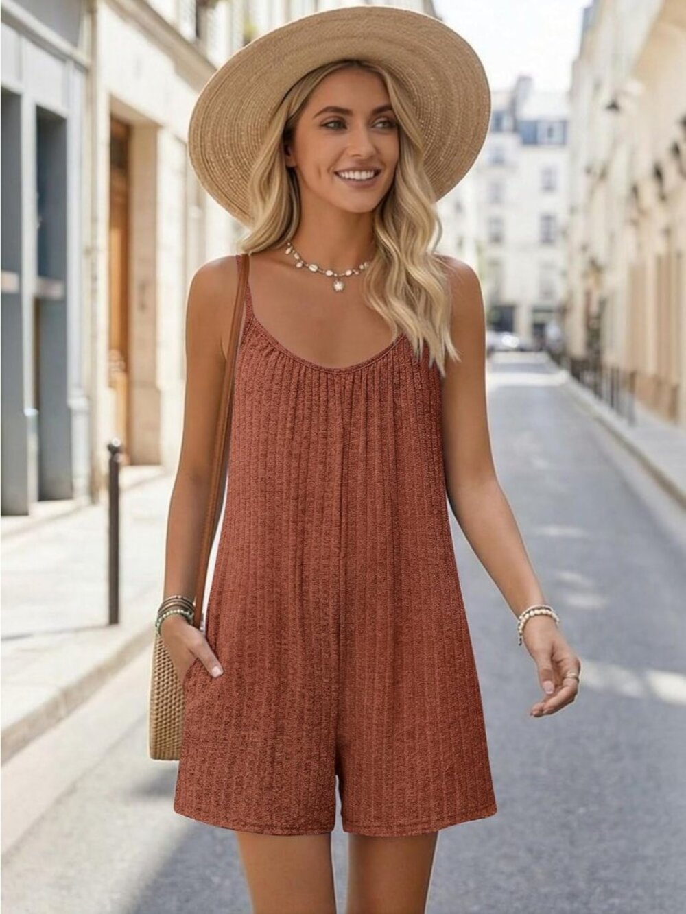 Women's Caramel Summer Casual Loose Sleeveless Overall Adjustable Short Romper - Picture 2 of 6